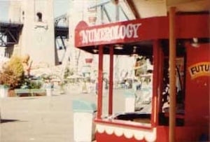 Gregory does Readings at booth in Luna Park Sydney 1983