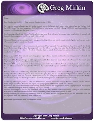 Sample personalised reading chart produced by Gregory Readings